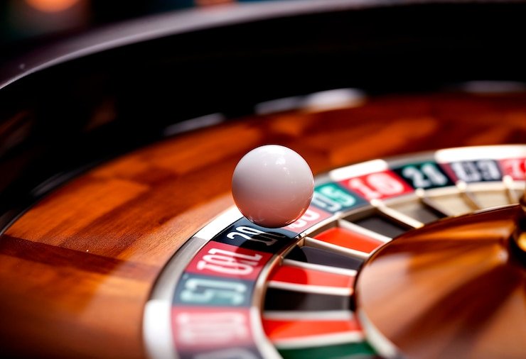 Meja roulette dengan dealersi langsung yang menunjukkan putaran roda